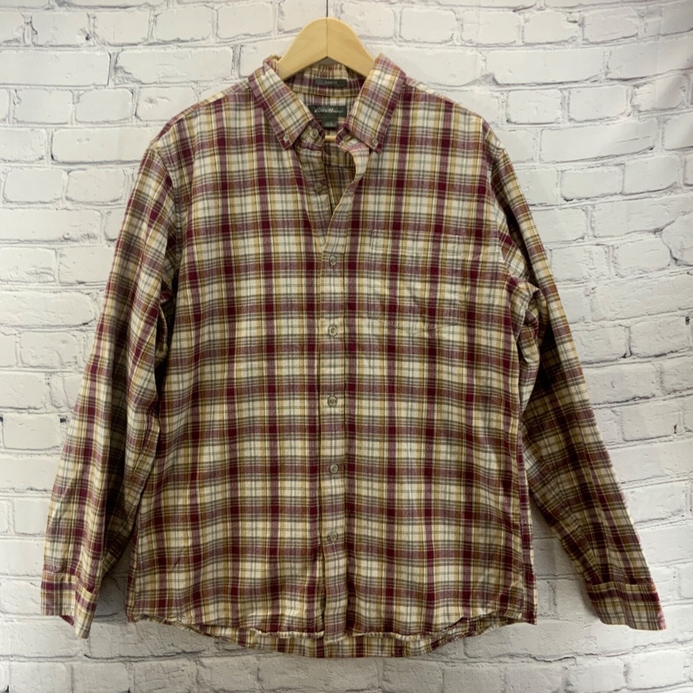 Eddie Bauer Plaid Shirt Button Front Mens Sz L Large Long‎ Sleeve 100% Cotton